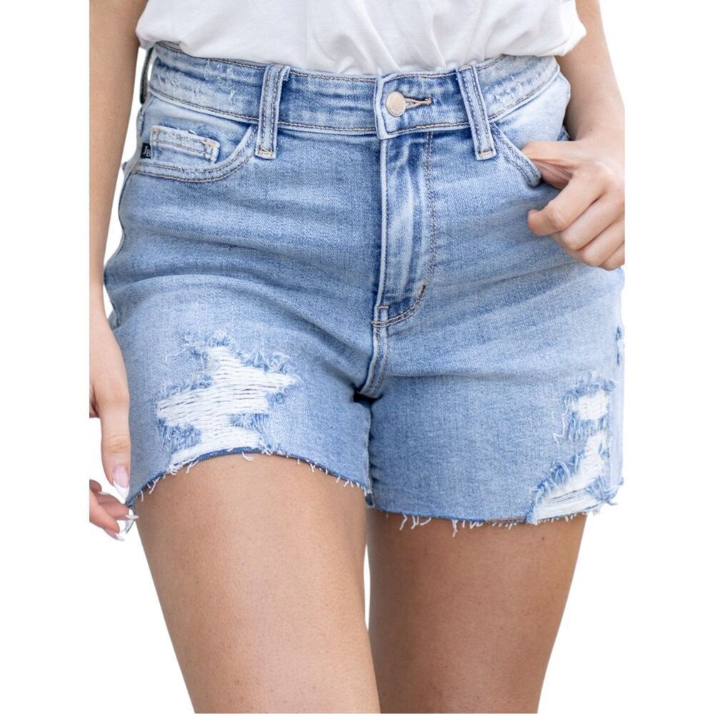 Judy Blue High Rise Distressed Denim Shorts Light Wash Stretch Raw Hem NWT